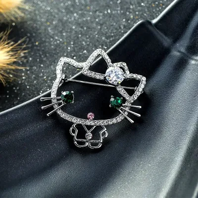 Green Crystal Rhinestone Kitty Cartoon Brooch